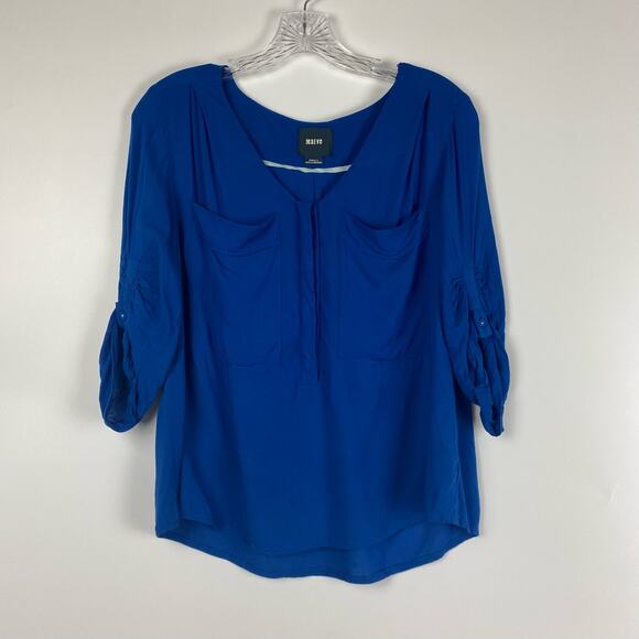 Maeve Anthropologie Royal Blue Rayon Blouse Roll Tab Sleeve Womens Size Small - Picture 3 of 10